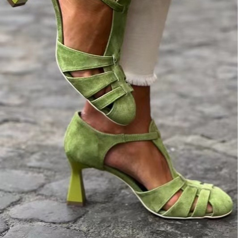 Women Shoes Formal - Women's Green Suede Kitten Heel T-Strap