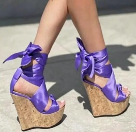 Cork Wedge Sandal - Sweet Pink White Plaid Silk Wedges