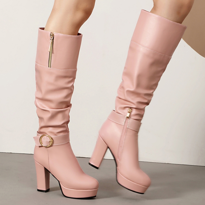 Zip Up Boots Short - Pink Knee High Boots Woman Platform