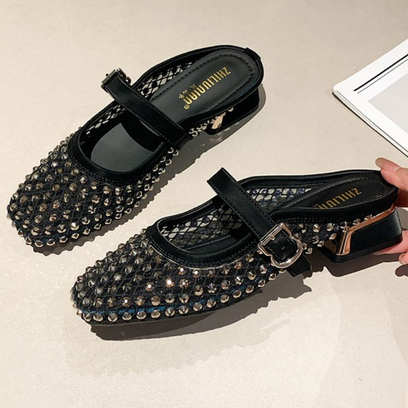 Mesh Rhinestone Chunky Heel Mu - Women Shoes Mules 评论和价格