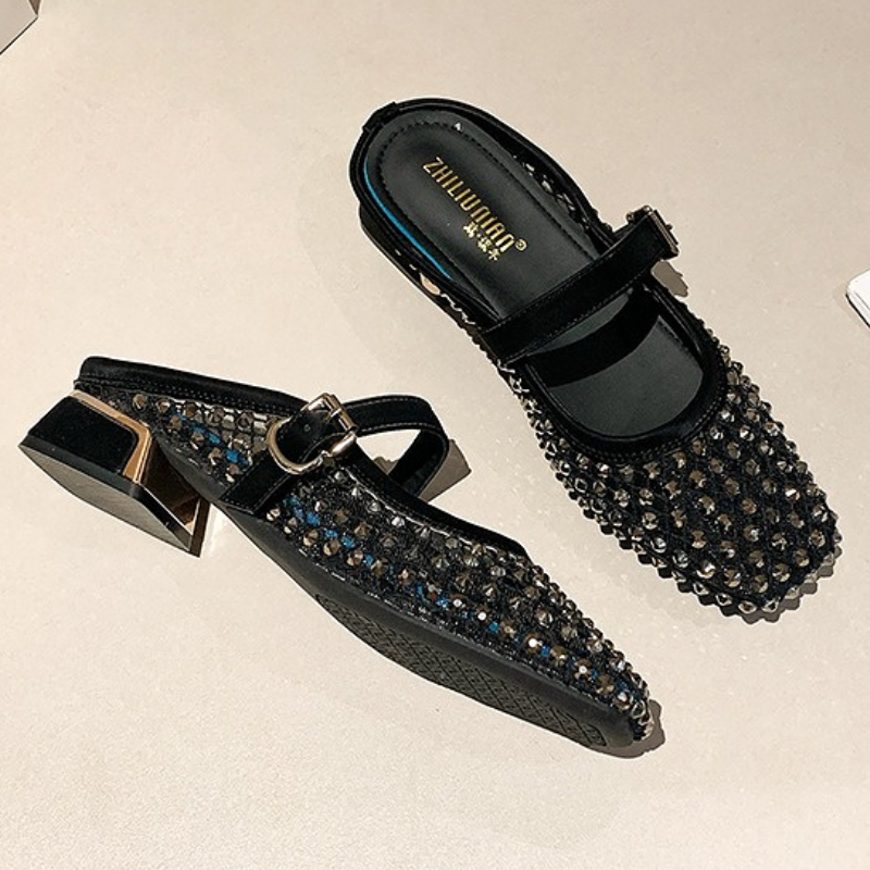 Mesh Rhinestone Chunky Heel Mu - Women Shoes Mules 评论和价格