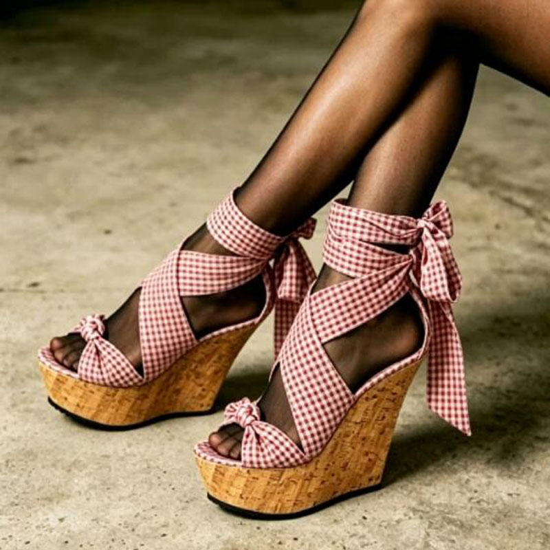 Sweet Pink White Plaid Silk We - Cork Wedge Sandal 评论和价格