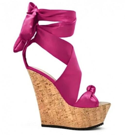 Sweet Pink White Plaid Silk We - Cork Wedge Sandal 评论和价格